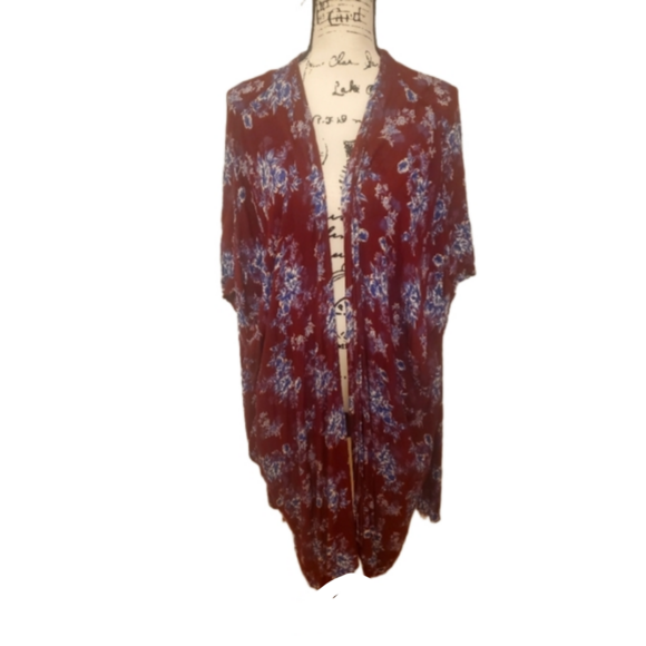 Angie | Burgundy with Blue Floral Print Bohemian Gypsy Kimono - Size: Large - Picture 1 of 9